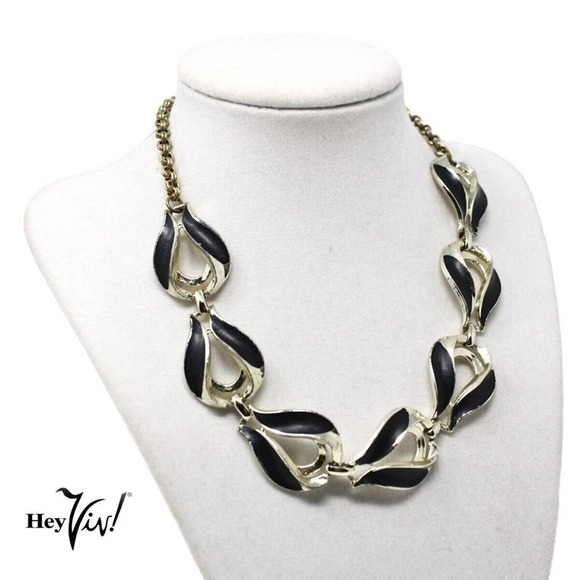 Vintage Curved 16" Choker Chunky Necklace w Black Enamel on Silver Metal - Hey - Picture 3 of 5